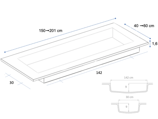 Plan vasque à encastrer, bassin double 142 cm, sur mesure, Largeur 150 à 200 cm x Profondeur 40 à 60 cm, résine minérale ACRYSTONE®, Finition lisse, Livraison Offerte et Rapide.
