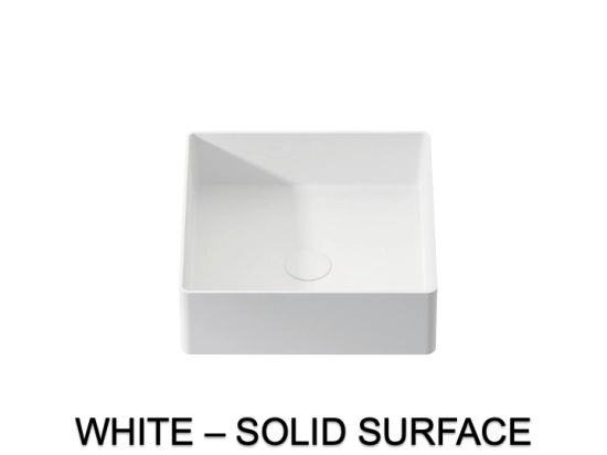 Vasque lavabo design carré, à poser, Couleur blanc mat, Finition lisse, Solid-Surface, Taille : 36 x 36 x 10,5 cm - Stock disponible ! LIVRAISON OFFERTE