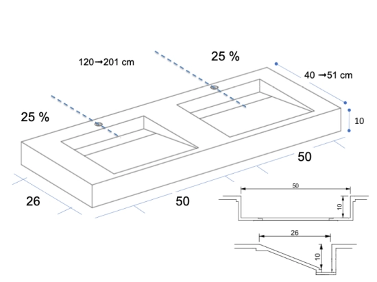 Plan vasque lavabo sur mesure : L 60 à 201 x P 40 à 51 cm, finition lisse mate, 10 couleurs au choix, Anti bactérien, résine Akrytan® teinté dans la masse, Livraison Offerte.
