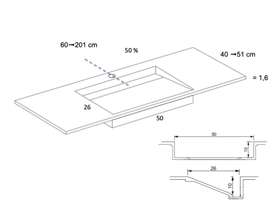 Plan vasque lavabo sur mesure : L 60 à 201 x P 40 à 51 cm, finition lisse mate, 10 couleurs au choix, Anti bactérien, résine Akrytan® teinté dans la masse, Livraison Offerte.