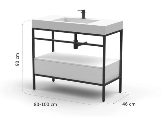 Meuble vasque avec une structure en métal noir lui conférant un style industriel. Le plan vasque blanc apporte une touche contemporaine. Ce meuble de salle de bain est à la fois pratique et esthétique, et s'intègre dans tous les types d'intérieurs.