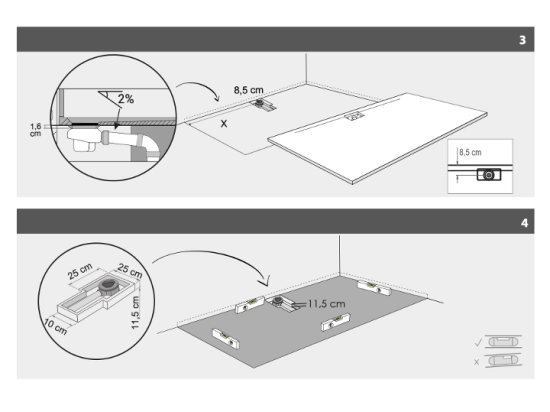 Installer un receveur a douche extra plat : raccorder votre siphon et avant de coller définitivement, vérifier que l'eau s'évacue correctement et que le bac a douche est de niveau.