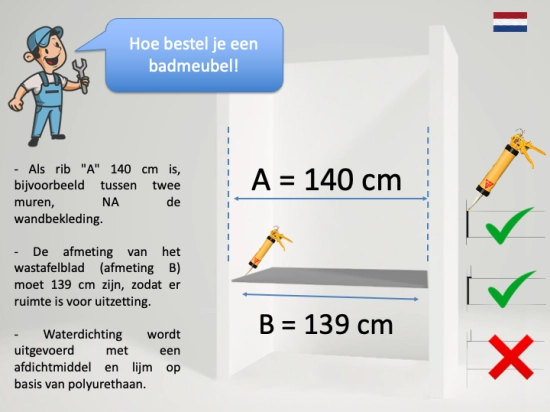 Hangende wastafel, op maat gemaakt, afvoergoot MIAMI 45 AT