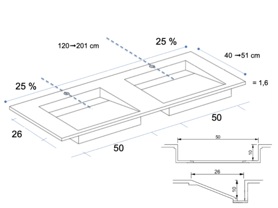 Plan vasque lavabo sur mesure : L 60 à 201 x P 40 à 51 cm, finition lisse mate, 10 couleurs au choix, Anti bactérien, résine Akrytan® teinté dans la masse, Livraison Offerte.