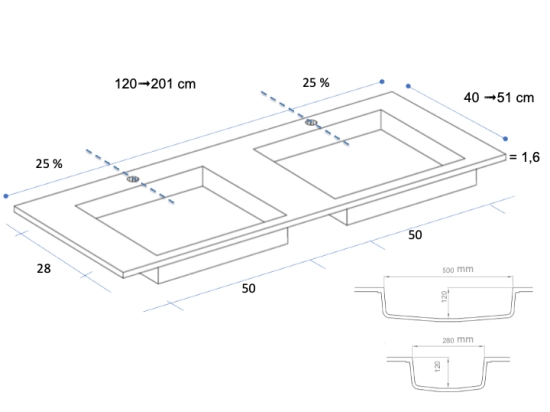 Plan vasque lavabo sur mesure : L 120 à 201 x P 40 à 51 cm, finition lisse mate, 10 couleurs au choix, Anti bactérien, résine Akrytan® teinté dans la masse, Livraison Offerte.
