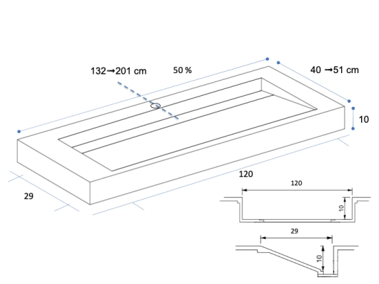 Plan vasque, bassin incliné grand taille 120 cm : L 130 à 201 x P 40 à 51 cm, finition lisse mate, 10 couleurs au choix, , résine Akrytan® teinté dans la masse, Livraison Offerte.