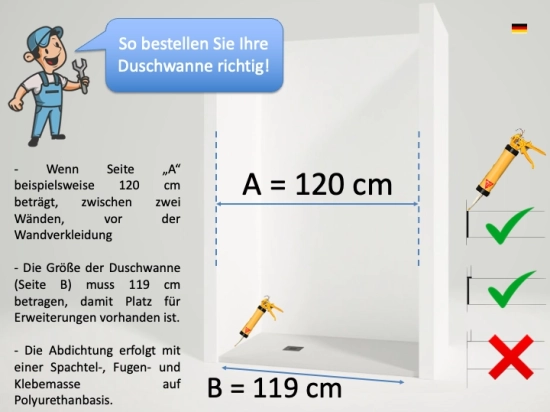 Wenn die Breite der Küste z. B. 120 cm beträgt, muss sie zwischen zwei Wänden liegen, bevor die Wandverkleidung angebracht wird. Die Größe der Duschwanne sollte 119 cm betragen, damit sie Platz für die Dehnung hat.