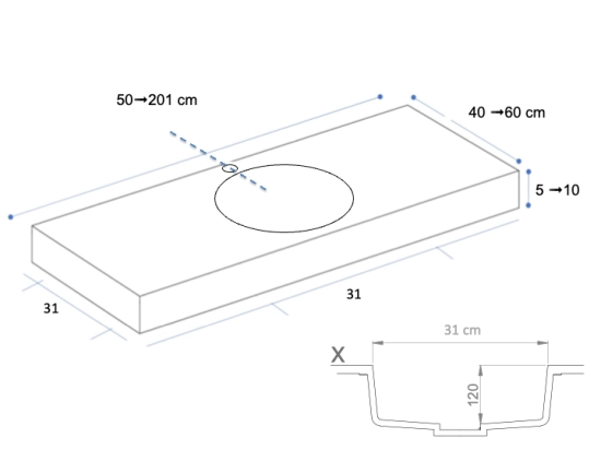 Plan vasque, bassin circulaire ⦰ 31 cm, sur mesure, Largeur 50 à 200 cm x Profondeur 40 à 60 cm, résine minérale de couleurs, Finition lisse mate, Livraison Offerte et Rapide.