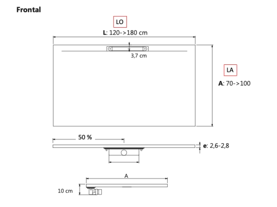 Receveur de douche extra-plat avec une évacuation discrète et élégante : L. 100 à 200 cm x l. 70 à 100 cm, résine Akrytan® anti glissant, 10 couleurs, Livraison offerte et rapide