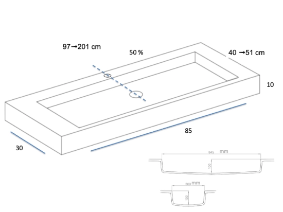 Plan vasque lavabo sur mesure : L 100 à 201 x P 40 à 51 cm, finition lisse mate, 10 couleurs au choix, Anti bactérien, résine Akrytan® teinté dans la masse, Livraison Offerte.