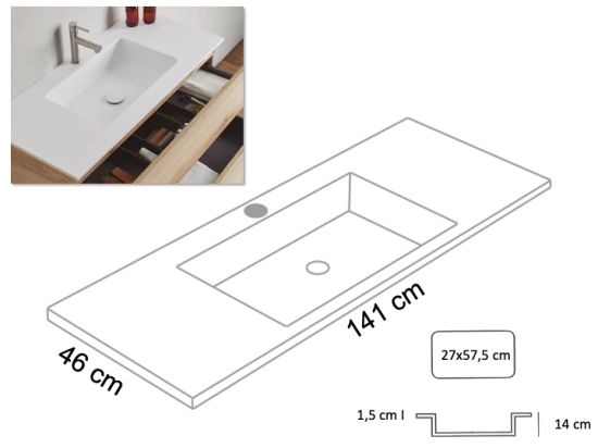 Meuble avec vasque Solid-Surface, finition bois ou couleurs, deux tiroirs à onglet, L.60, 70, 80, 100, 120 et 140 cm, P. 45 cm, Hauteur 55 cm, Stock disponible, LIVRAISON OFFERTE