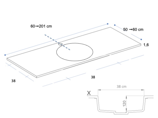 Plan vasque à encastrer, bassin circulaire ⦰ 38 cm, sur mesure, L. 60 à 200 cm x Profondeur 50 à 60 cm, résine minérale de couleurs, Finition lisse mate, Livraison Offerte et Rapide.
