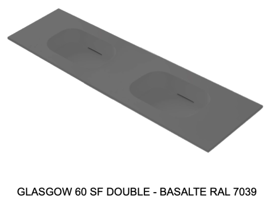 Plan double vasques, bassin design 60 cm, système d’évacuation discret L. 140 à 201 x P. 40 à 51 cm Finition lisse Résine Akrytan® teinté dans la masse, Livraison Offerte