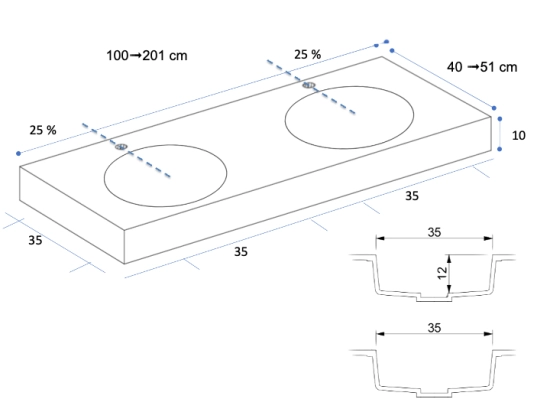 Plan vasque lavabo circulaire ⦰ 35 cm sur mesure Largeur 100 à 201 x P 40 à 51 cm Finition lisse 10 couleurs au choix, Anti bactérien Résine Akrytan® dans la masse Livraison Offerte.