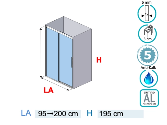 Paroi de douche coulissante, L. 95 à 200 cm, Hauteur 195 cm, STOCK DISPONIBLE, verre de sécurité et traité anti-calcaire, finition argent brillant. livraison offerte et rapide.