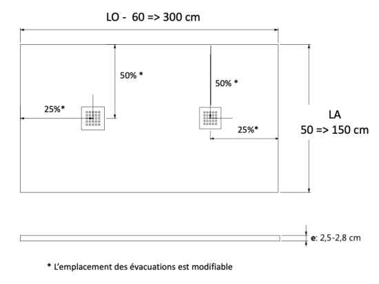 Receveur de douche, sur mesure : Largeur 150 à 300 cm x l. 70 à 150 cm. Bac à douche en résine Akrytan® anti glissant, finition misse, 10 couleurs, Livraison offerte
