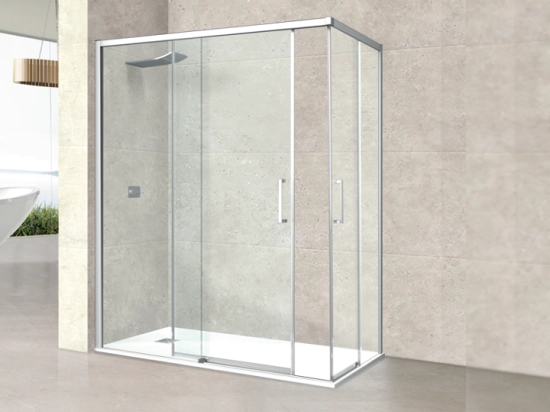 Paroi de douche double coulissantes en angle, L. 70 à 150 cm x l. 70 à 80 cm retour latéral , Finition Chrome, Noir, blanc et Or, verre de sécurité, LIVRAISON OFFERTE