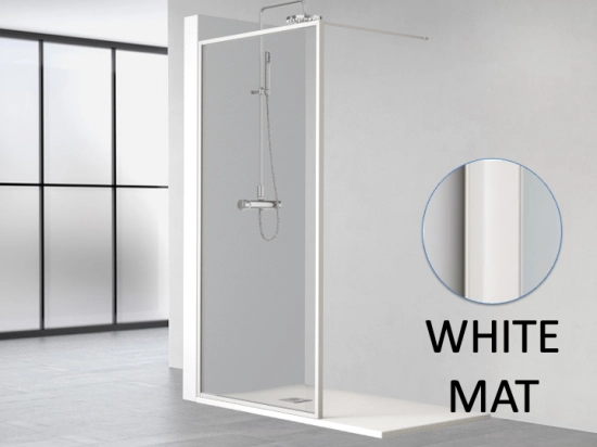 Paroi de douche fixe avec contour de profilés en aluminium, L. 80 à 160 cm, Hauteur 195 cm, verre sécurité 8 mm, traité anti-calcaire STOCK DISPONIBLE livraison offerte et rapide.