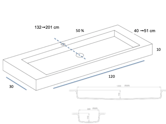 Plan vasque lavabo sur mesure : L 130 à 201 x P 40 à 51 cm, finition lisse mate, 10 couleurs au choix, Anti bactérien, résine Akrytan® teinté dans la masse, Livraison Offerte.