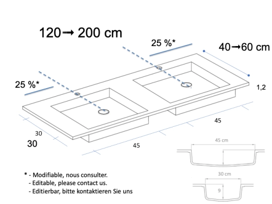 Plan vasque Design, fabrication sur mesure, Largeur 120 à 200 cm x Profondeur 40 à 60 cm, résine minérale ACRYSTONE® SOLID-SURFACE Finition lisse blanc mate, Livraison Offerte et Rapide.