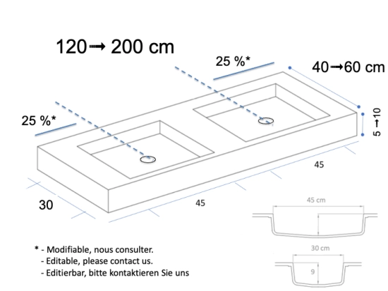 Plan vasque Design, fabrication sur mesure, Largeur 120 à 200 cm x Profondeur 40 à 60 cm, résine minérale ACRYSTONE® SOLID-SURFACE Finition lisse blanc mate, Livraison Offerte et Rapide.