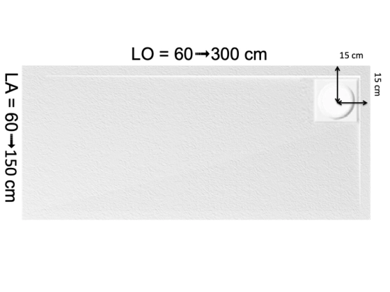 Receveur de douche, sur mesure : Largeur 100 à 300 cm x l. 70 à 150 cm. Bac à douche en résine Akrytan® anti glissant, finition misse, 10 couleurs, Livraison offerte et rapide