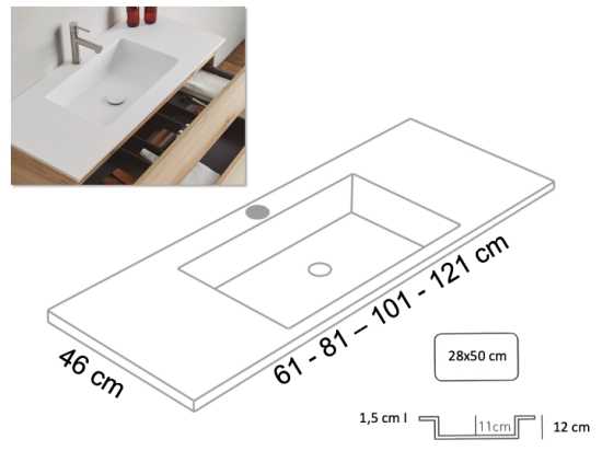 Meuble avec vasque Solid-Surface, finition bois ou couleurs, deux tiroirs à onglet, L.60, 70, 80, 100, 120 et 140 cm, P. 45 cm, Hauteur 55 cm, Stock disponible, LIVRAISON OFFERTE