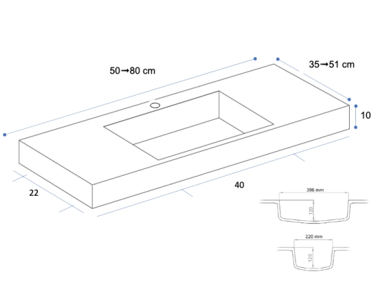 Lave-mains, sur mesure : L 50 à 80 x P 35 à 51 cm, finition lisse mate, 10 couleurs au choix, Anti bactérien, résine Akrytan® teinté dans la masse, Livraison Offerte.