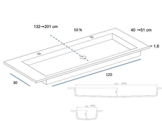 Plan vasque lavabo sur mesure : L 130 à 201 x P 40 à 51 cm, finition lisse mate, 10 couleurs au choix, Anti bactérien, résine Akrytan® teinté dans la masse, Livraison Offerte.