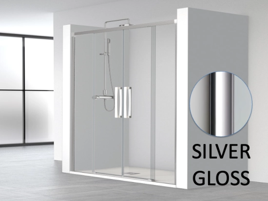 Porte douche coulissante, deux portes centrales vers deux panneaux fixes, L 135 à 200 cm, H. 195 cm, STOCK DISPONIBLE, verre de sécurité, Anti-calcaire, Livraison offerte et rapide