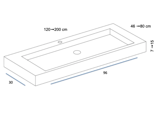 Plan vasque lavabo de 96 cm, sur mesure, Largeur 120 à 200 cm x Profondeur 46 à 80 cm, résine composite de haute qualité, Finition lisse blanc BRILLANT laqué, Livraison Offerte.