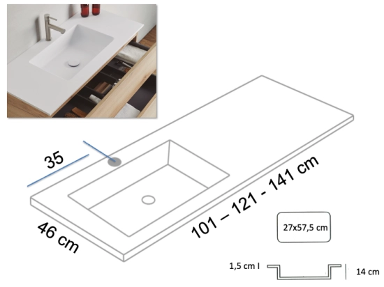 Meuble avec vasque Solid-Surface, finition bois ou couleurs, deux tiroirs à onglet, Largeur 100, 120 et 140 cm, P. 45 cm, Hauteur 56 cm, Stock disponible, LIVRAISON OFFERTE
