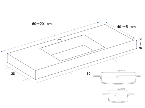 Plan vasque lavabo sur mesure : L 60 à 201 x P 40 à 51 cm, finition lisse mate, 10 couleurs au choix, Anti bactérien, résine Akrytan® teinté dans la masse, Livraison Offerte.