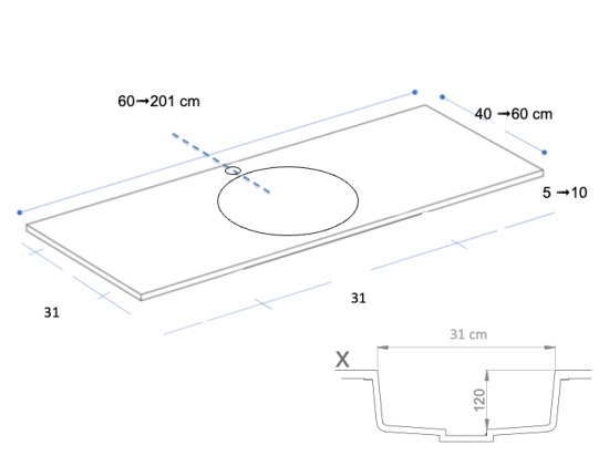 Plan vasque, bassin circulaire ⦰ 31 cm, sur mesure, Largeur 50 à 200 cm x Profondeur 40 à 60 cm, résine minérale de couleurs, Finition lisse mate, Livraison Offerte et Rapide.