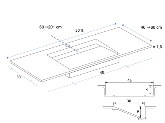 Plan vasque Design, fabrication sur mesure, Largeur 60 à 200 cm x Profondeur 40 à 60 cm, résine minérale ACRYSTONE® SOLID-SURFACE Finition lisse blanc mate, Livraison Offerte et Rapide.