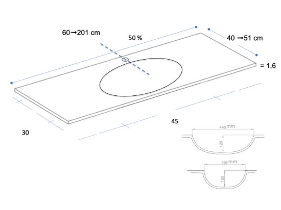 Plan vasque lavabo sur mesure : L 60 à 201 x P 40 à 51 cm, finition lisse mate, 10 couleurs au choix, Anti bactérien, résine Akrytan® teinté dans la masse, Livraison Offerte.
