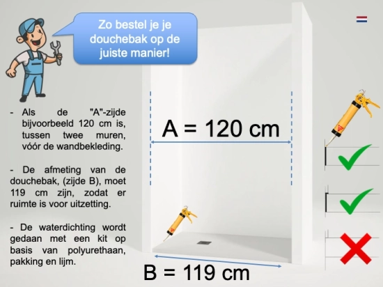 Als de breedte 120 cm is, bijvoorbeeld tussen twee muren, vóór de wandbekleding. De afmeting van de douchebak moet 119 cm zijn om uitzetting mogelijk te maken.