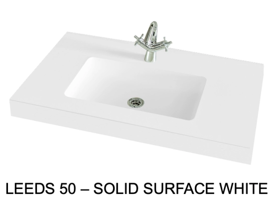 Plan vasque lavabo sur mesure : L 60 à 201 x P 40 à 51 cm, finition lisse mate, Solid-Surface, Anti bactérien, résine Akrytan® SOLID teinté dans la masse, Livraison Offerte.