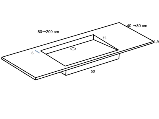 Plan vasque lavabo, sur mesure, Largeur 61 à 200 cm x Profondeur 46 à 80 cm, résine composite de haute qualité, Finition lisse blanc BRILLANT laqué ou mate, Livraison Offerte.