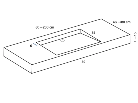 Plan vasque lavabo PMR, adaptée aux personnes à mobilité réduite, L. 80 à 200 cm x P. 46 à 80 cm, résine composite de haute qualité, Finition lisse blanc, Livraison Offerte.