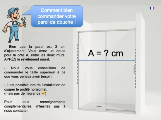 Paroi de douche coulissante, L. 95 à 200 cm, Hauteur 195 cm, STOCK DISPONIBLE, verre de sécurité et traité anti-calcaire, finition argent brillant. livraison offerte et rapide.
