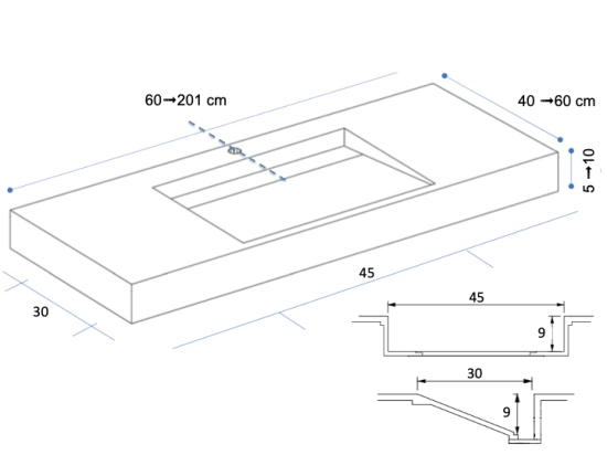 Plan vasque caniveau, sur mesure, Largeur 60 à 200 cm x Profondeur 40 à 60 cm, résine minérale ACRYSTONE® SOLID-SURFACE Finition lisse blanc mate, Livraison Offerte et Rapide.
