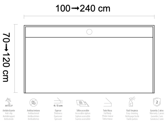 Receveur de douche caniveau avec l'évacuation dans la largeur, L. 100 à 240 cm x l. 70 à 100 cm, Résine Solid-Surface anti glissant PN22, finition lisse blanc mate, LIVRAISON OFFERTE