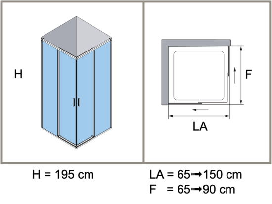 Paroi de douche double coulissantes en angle, L. 70 à 150 cm x l. 70 à 80 cm retour latéral , Finition Chrome, Noir, blanc et Or, verre de sécurité, LIVRAISON OFFERTE