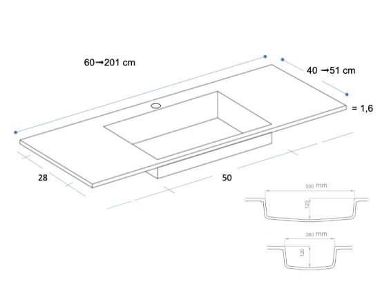 Plan vasque lavabo sur mesure : L 60 à 201 x P 40 à 51 cm, finition lisse mate, 10 couleurs au choix, Anti bactérien, résine Akrytan® teinté dans la masse, Livraison Offerte.