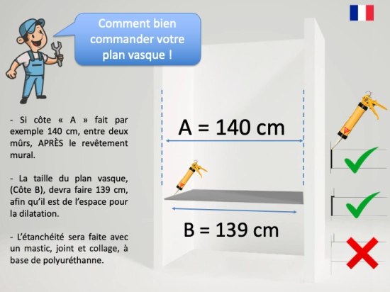 Plan vasque suspendu, sur mesure, caniveau MIAMI 45 AT