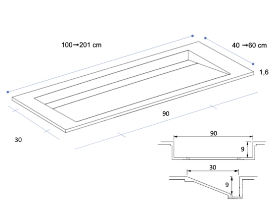 Plan vasque Design caniveau, sur mesure, Largeur 100 à 200 cm x Profondeur 40 à 60 cm, résine minérale ACRYSTONE® SOLID-SURFACE Finition lisse, Livraison Offerte et Rapide.