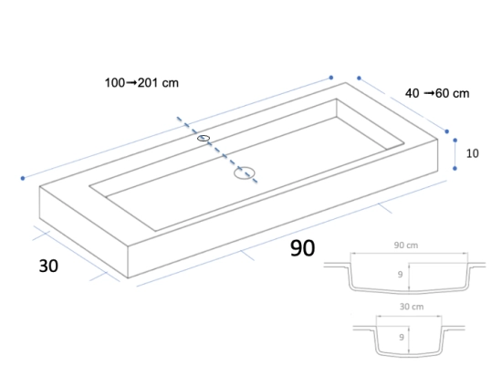 Plan vasque Design, sur mesure, Largeur 100 à 200 cm x Profondeur 40 à 60 cm, résine minérale ACRYSTONE® SOLID-SURFACE Finition lisse, Livraison Offerte et Rapide.