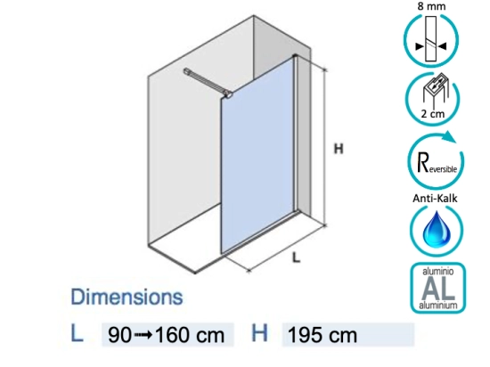 Paroi de douche fixe, réversible, Largeur 80 à 160 cm, Hauteur 195 cm, verre sécurité 8 mm et traité anti-calcaire STOCK DISPONIBLE livraison offerte et rapide.