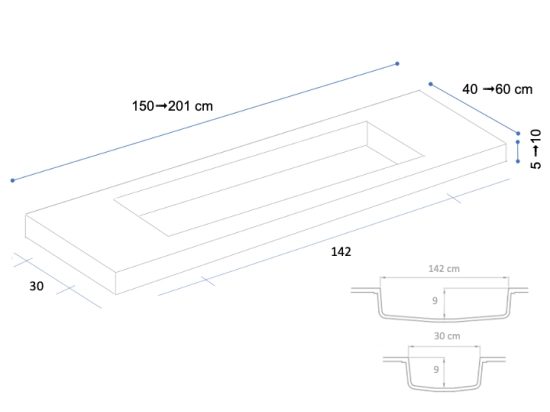 Plan vasque Design, sur mesure, Largeur 150 à 200 cm x Profondeur 40 à 60 cm, résine minérale ACRYSTONE® SOLID-SURFACE Finition lisse, Livraison Offerte et Rapide.